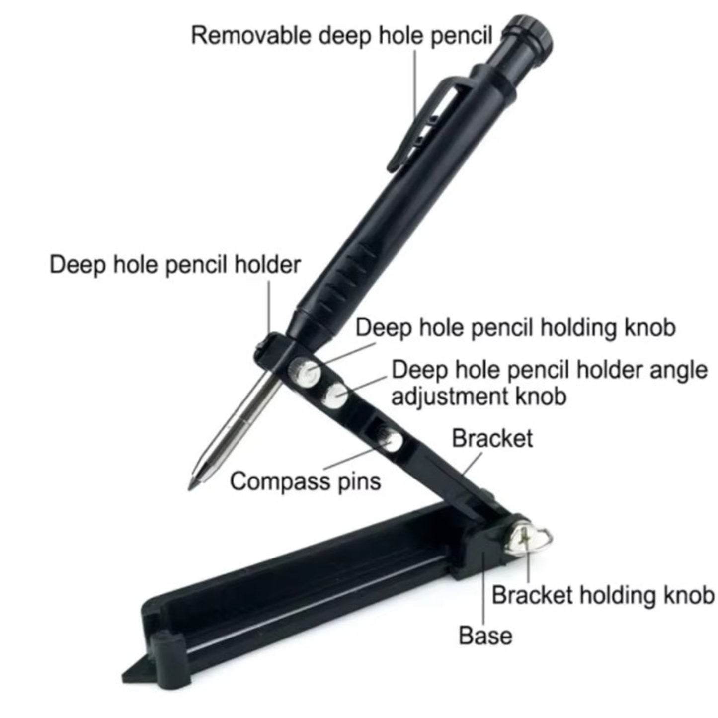 Multi-function scribing tool with deep hole pencil, adjustable knobs, compass pins, and sturdy base for precise marking.