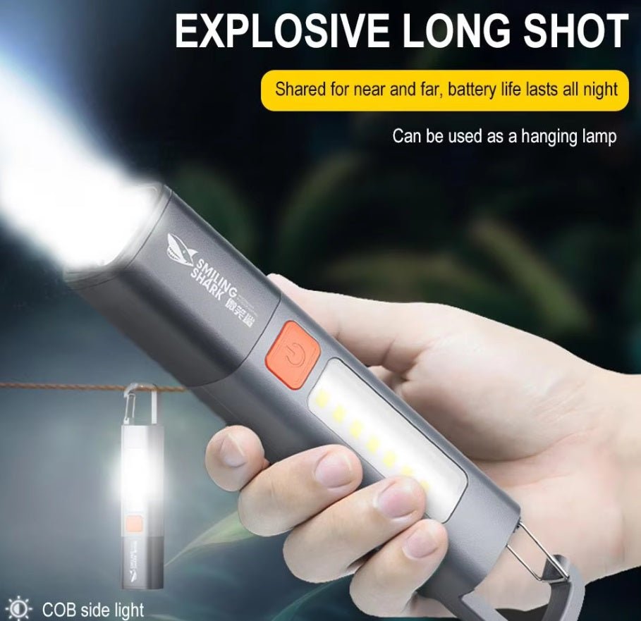 SD1023 Mini LED Flashlight with powerful beam and COB side light, ideal for camping and outdoor adventures.