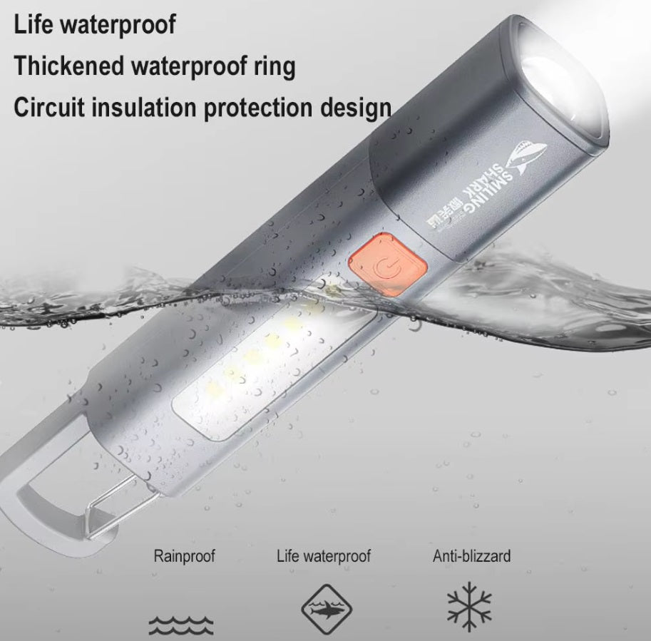 SD1023 Mini LED Flashlight showcasing waterproof features and insulation design for outdoor use.