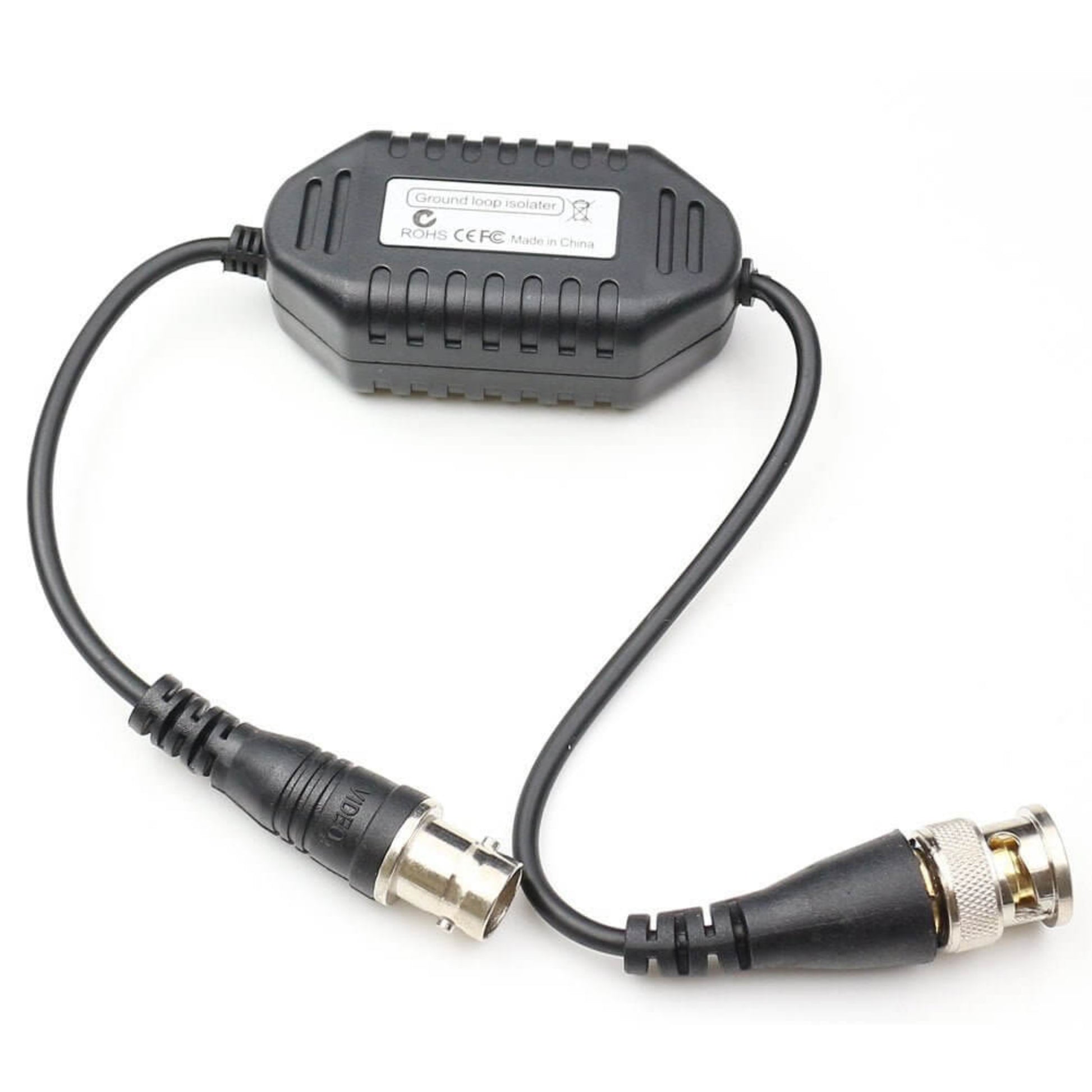 BNC Ground Loop Isolator for security cameras, prevents video interference, male to female coaxial connection.