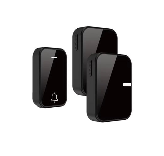 Self-powered wireless doorbell system with one transmitter and two plug-in receivers in stylish black design.
