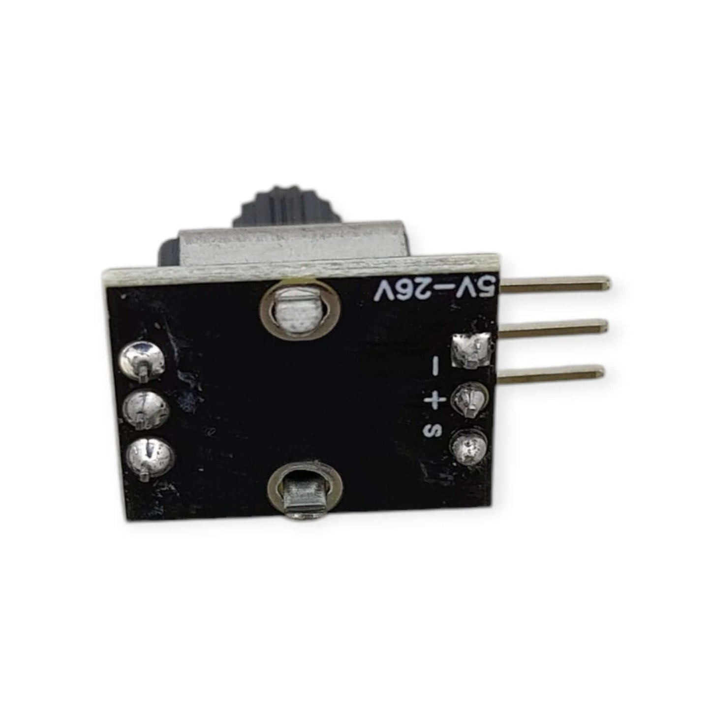 Back view of 5-26V Servo Tester module showing input voltage and output pins.