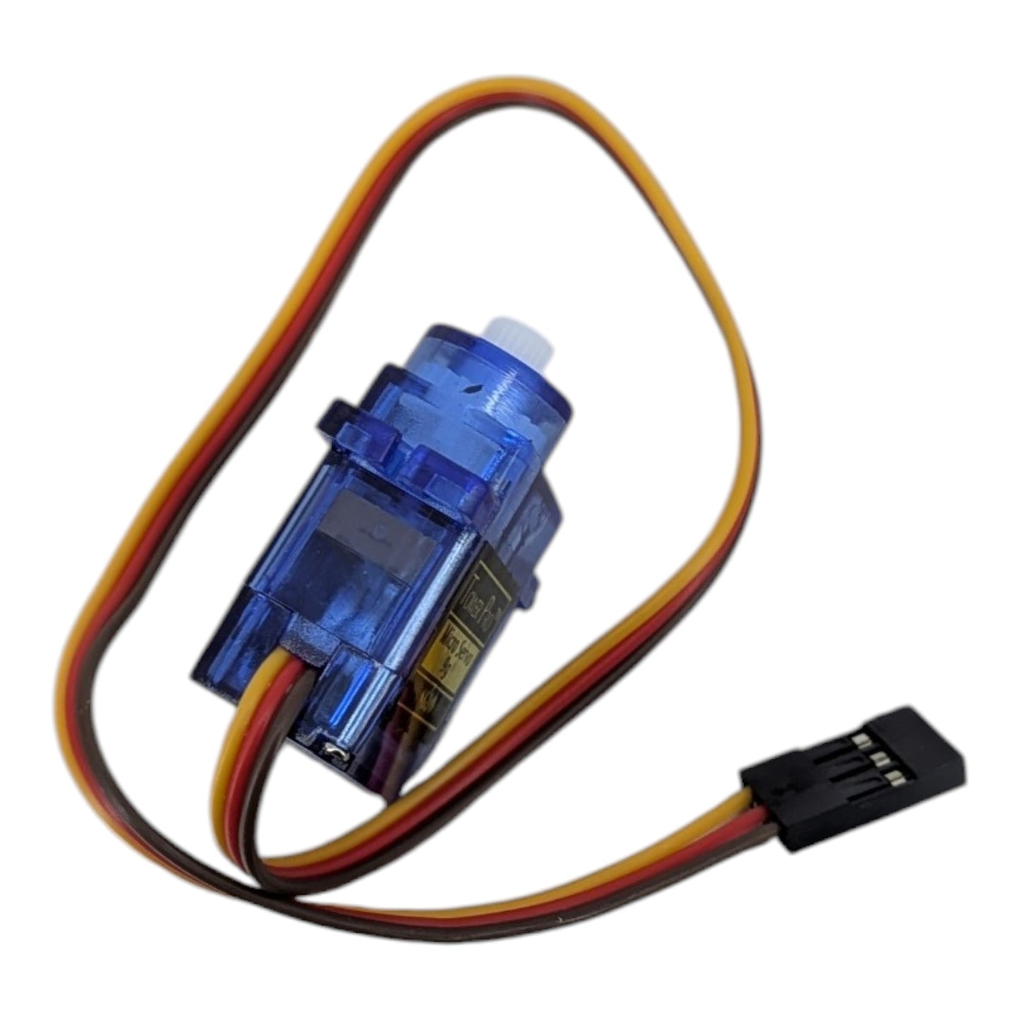 The SG90 servo motor displaying its brown, red, and orange wiring cable used for GND, VCC, and PWM signal connections.