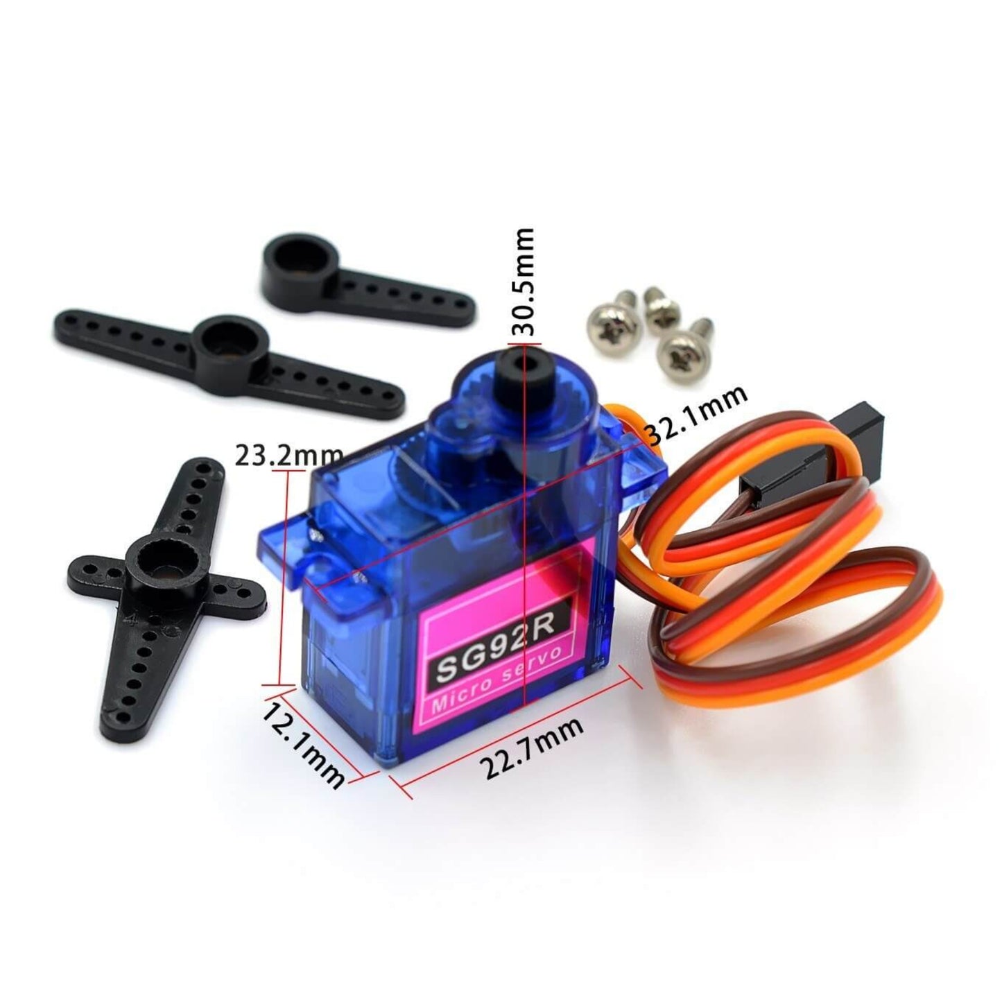 SG92R micro servo and included servo arms, screws, and connection wire for RC hobbyists.