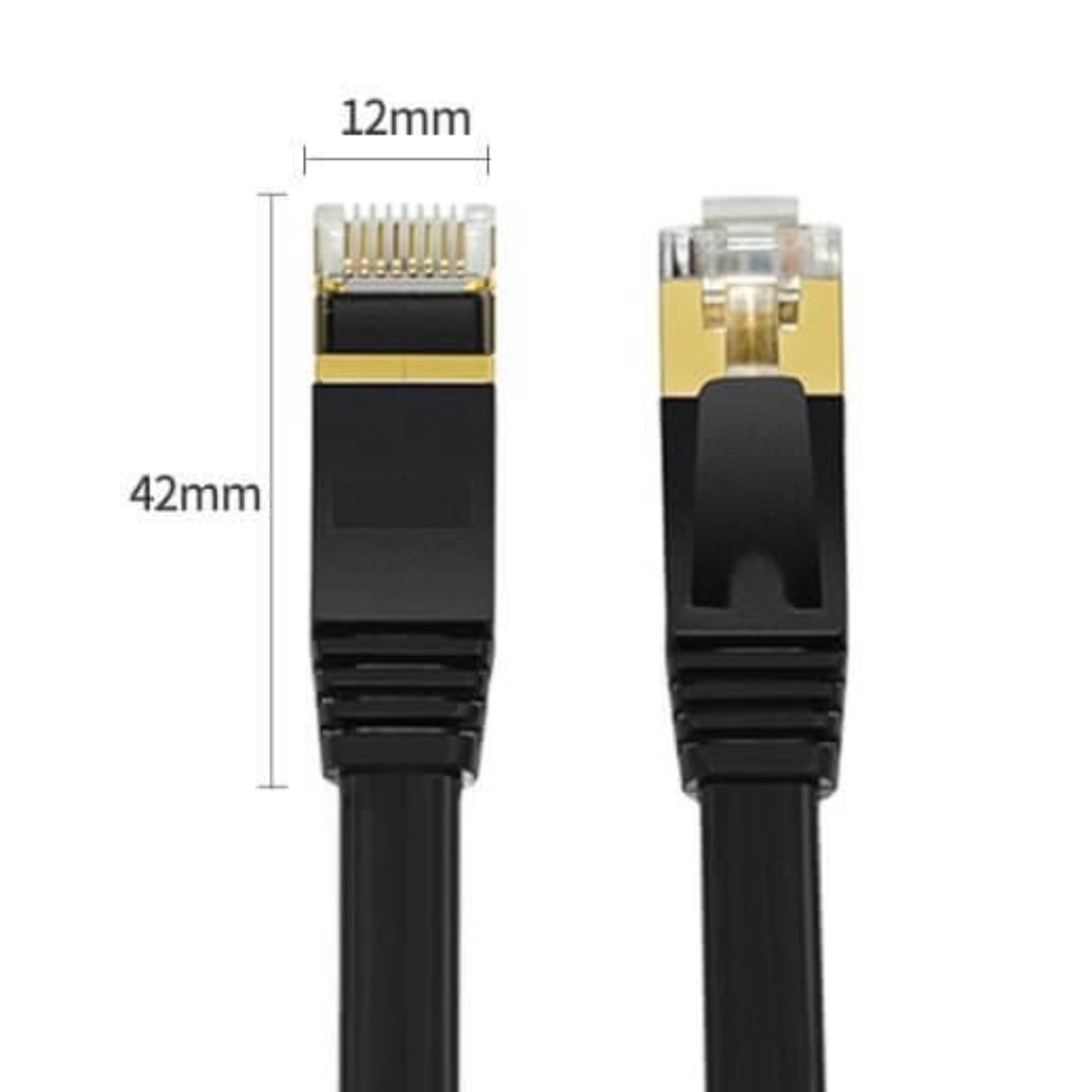 Close-up of SGO Cat7 Flat Ethernet Cable connectors showing dimensions for high-speed network use.