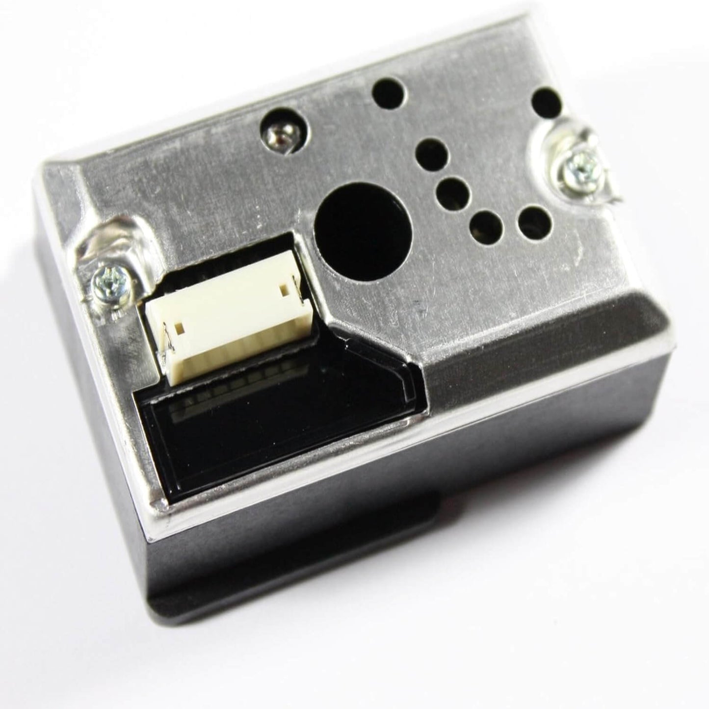 Optical GP2Y1010AU0F fine dust sensor module for Arduino air quality projects, showing connection port and metal casing.