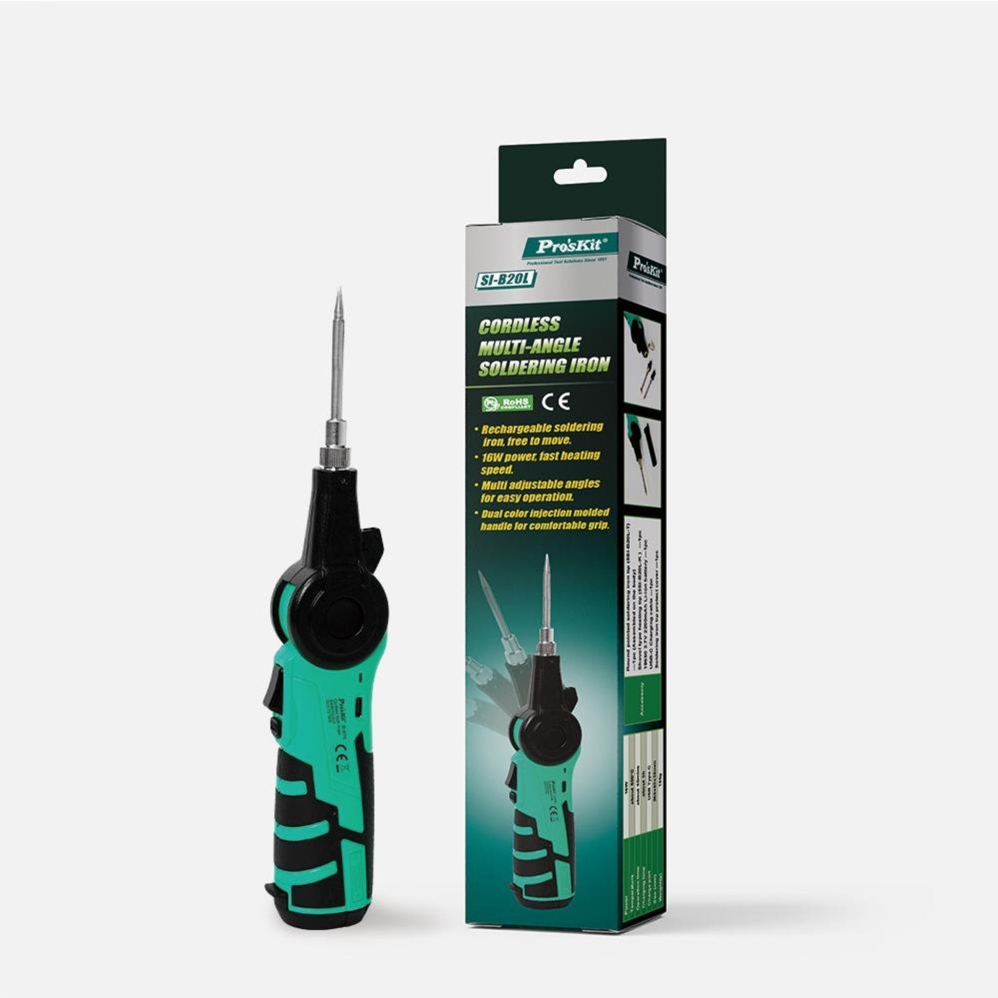 SI-B20L Cordless Multi-Angle Soldering Iron with LED light and USB-C charging, ideal for precise soldering tasks.