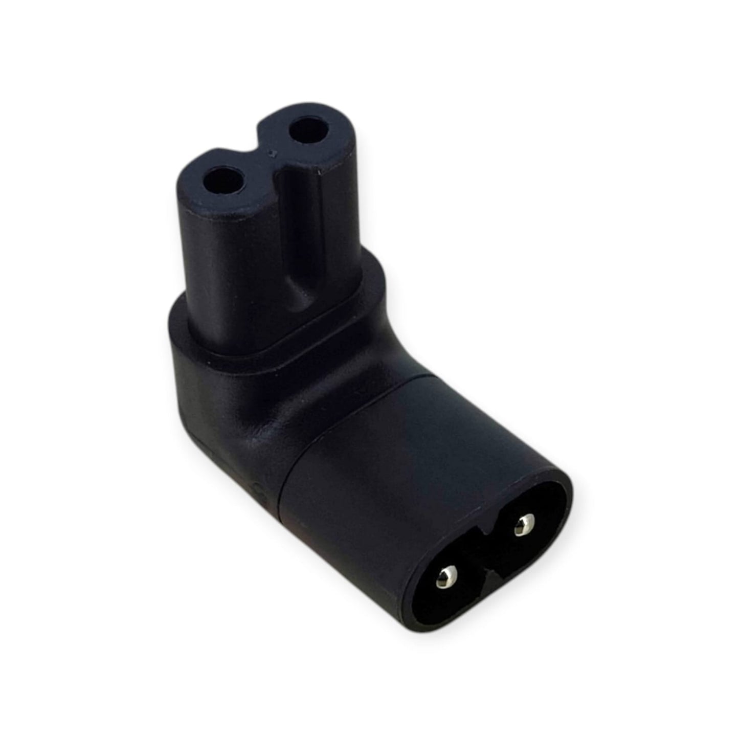 A 90-degree side-angle C7 female to C8 male figure 8 power adapter.