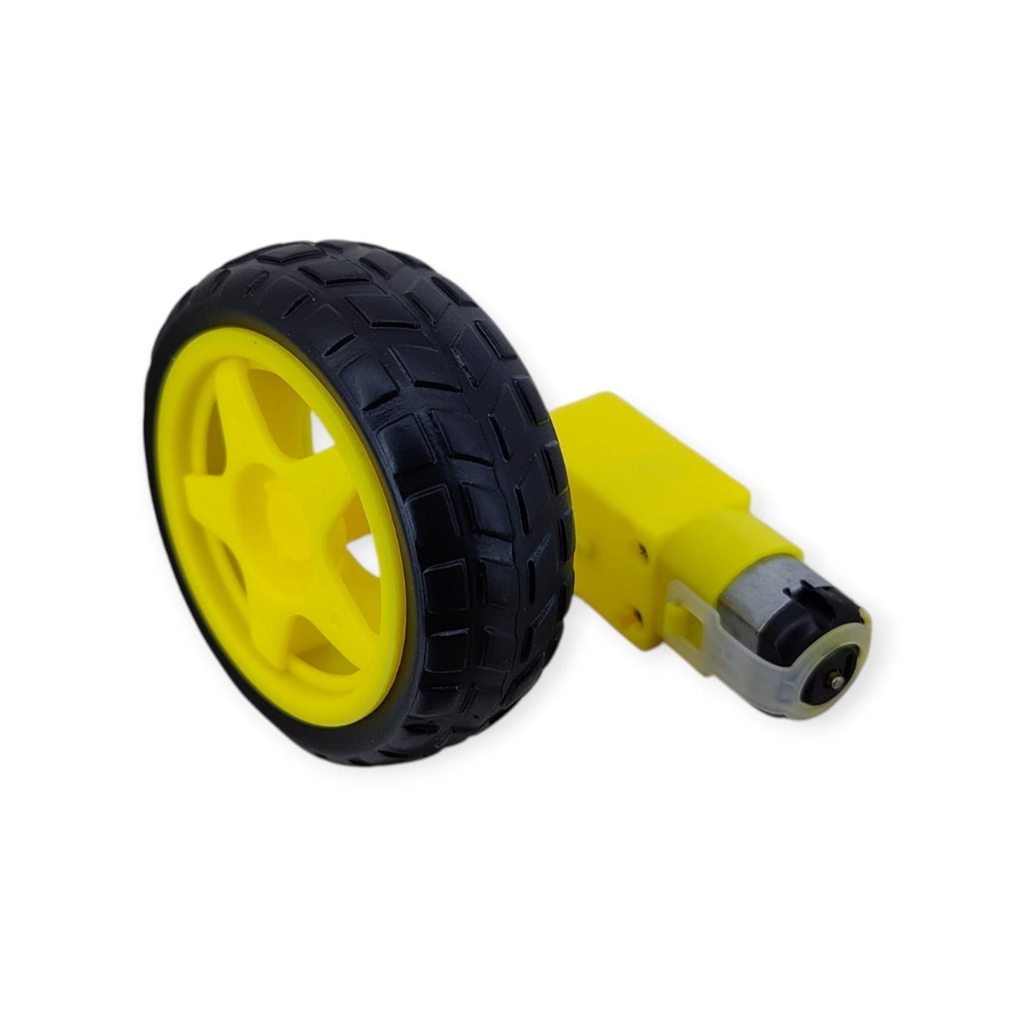 Side profile of a 70mm robot wheel with black tire tread, positioned next to a yellow DC gear motor.