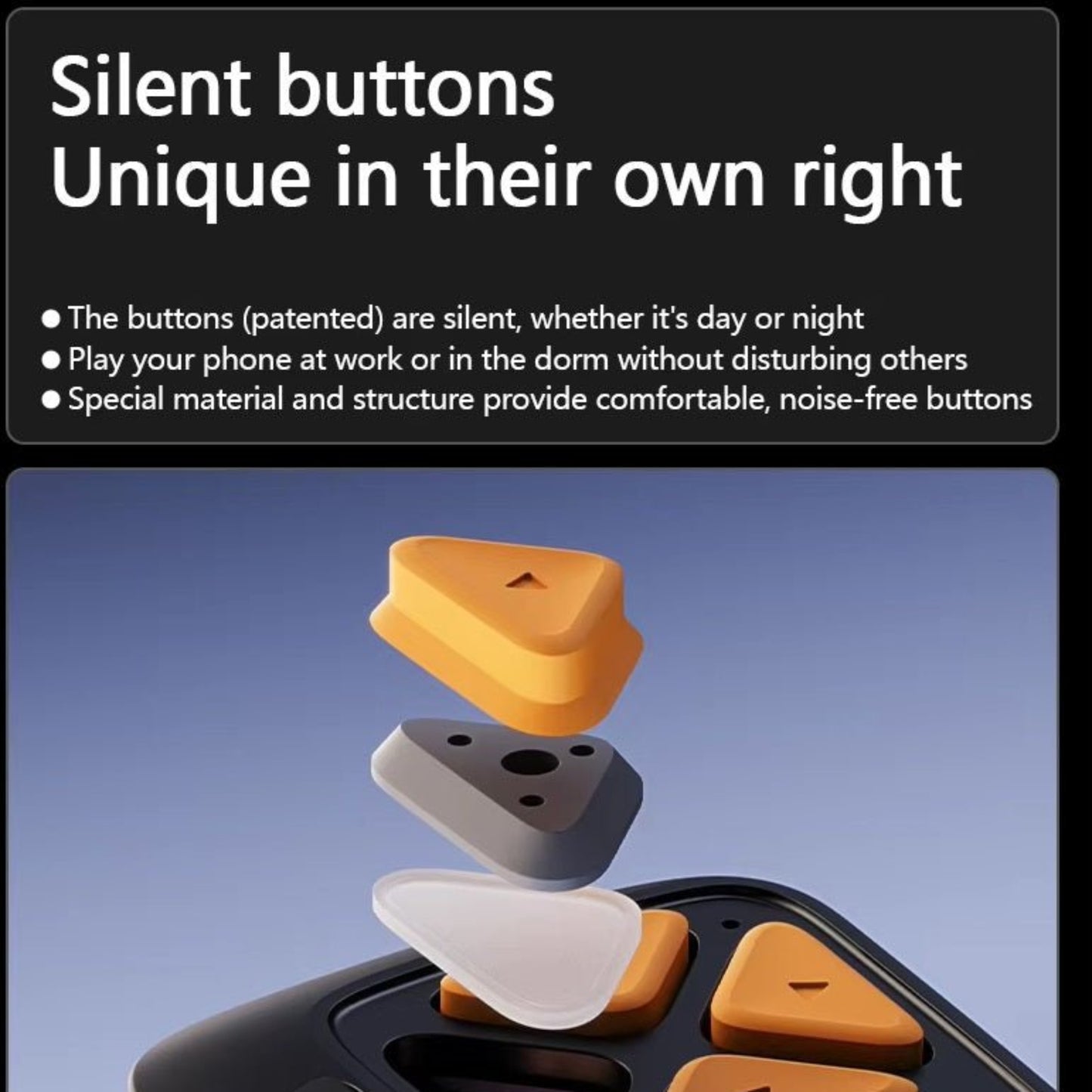 Image of patented silent buttons in various colors, designed for comfortable and noise-free use on phones.