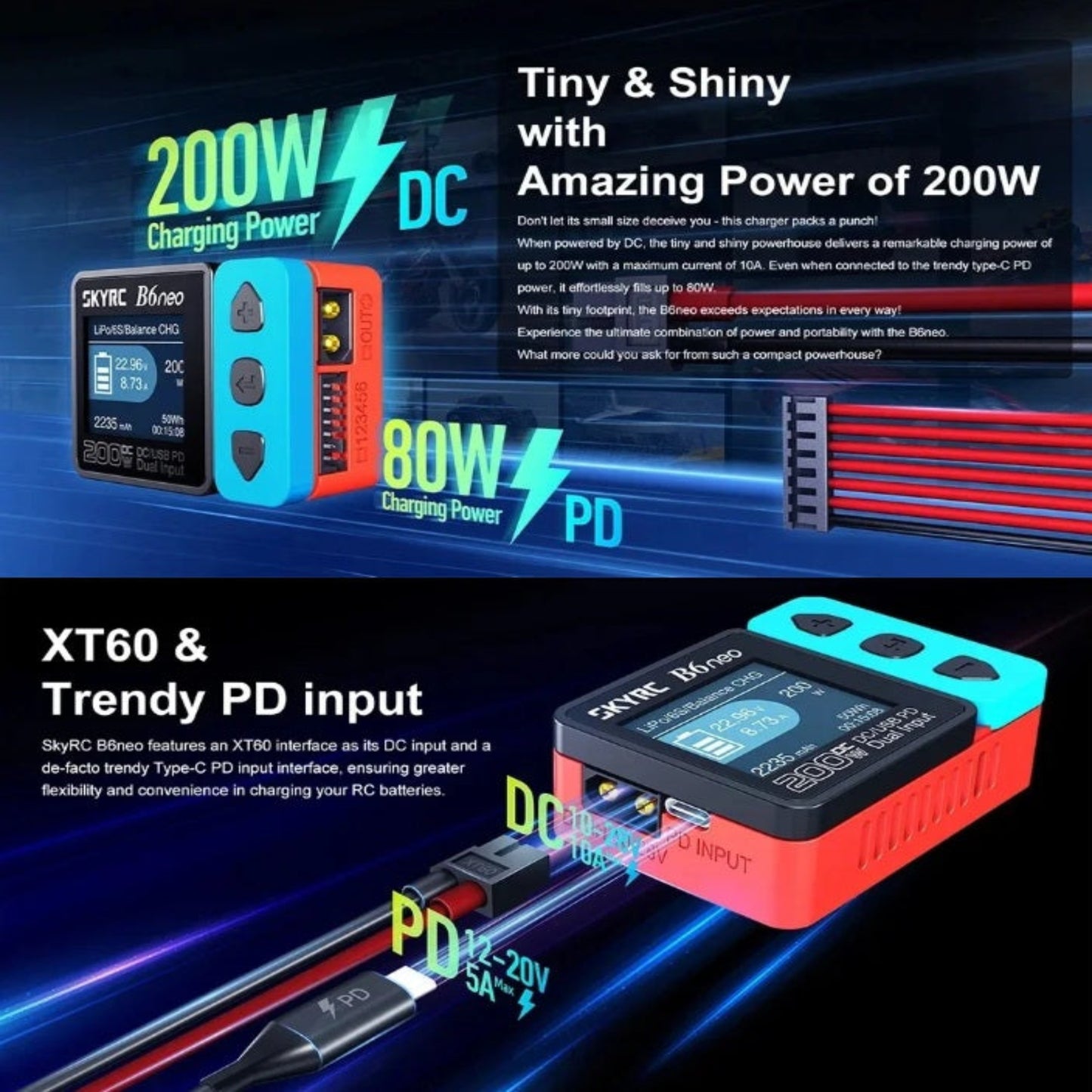 Infographic illustrating the SkyRC B6 Neo's 200W DC and 80W PD charging power, with a close-up on the XT60 and USB-C PD input ports.