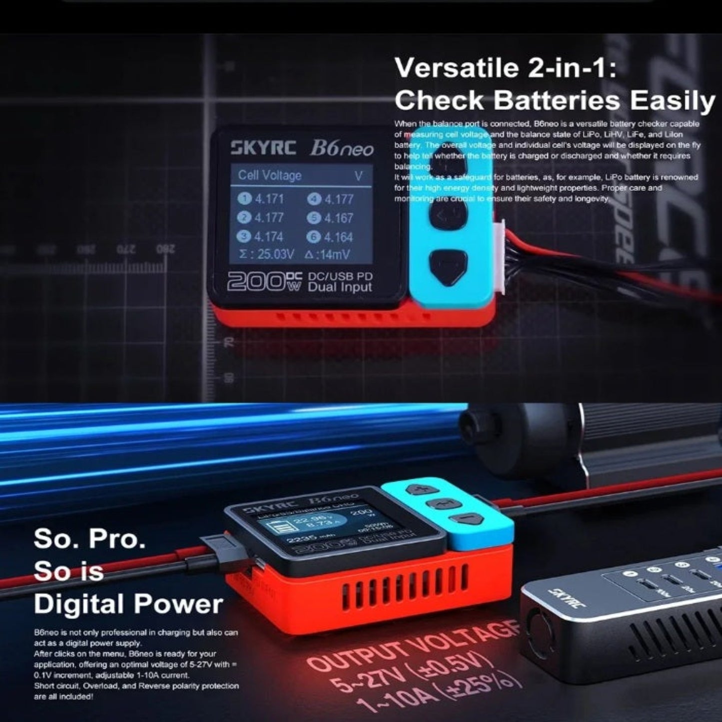 Demonstration of the SkyRC B6 Neo's versatile functions, being used as a LiPo battery cell checker and as a digital power supply.