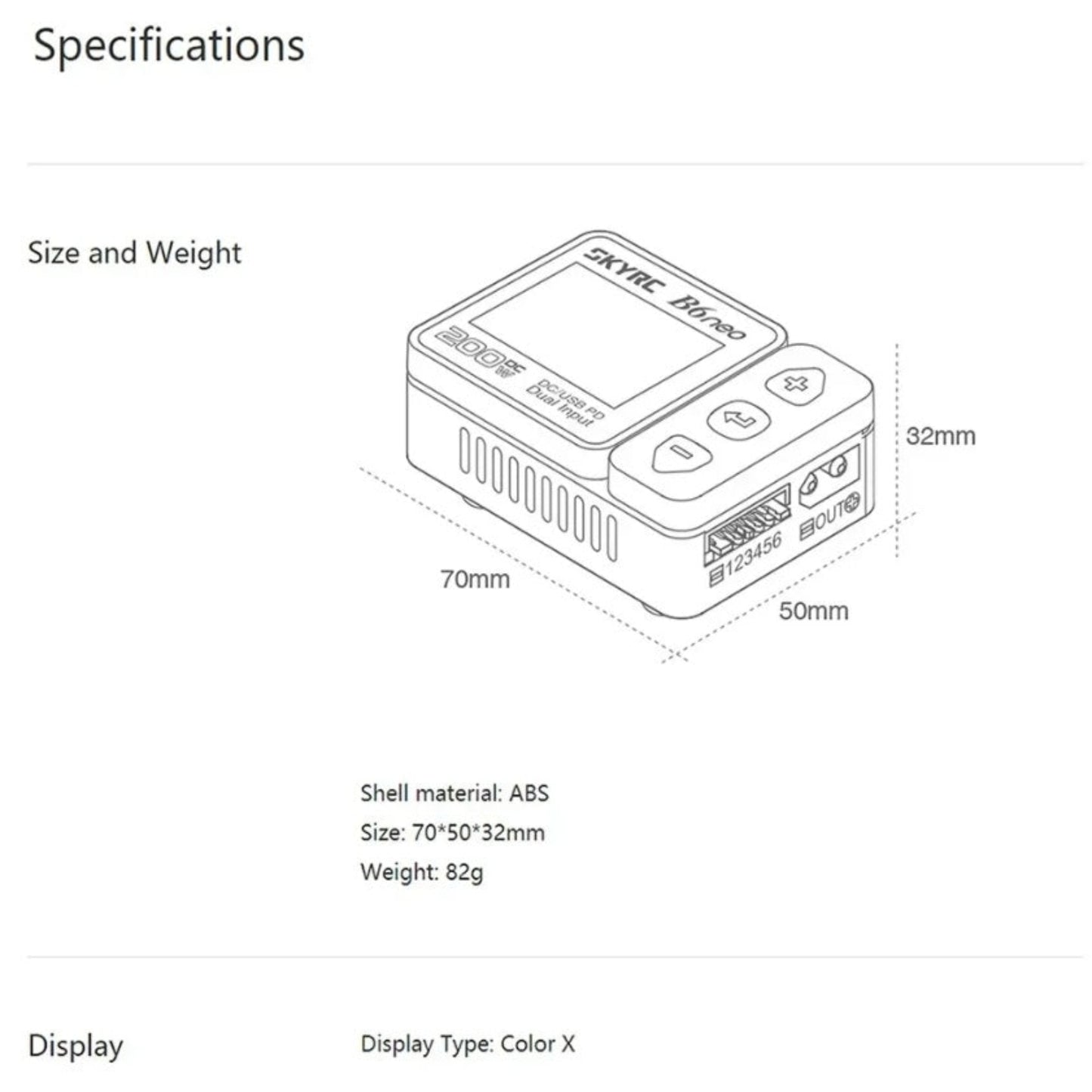 A schematic diagram detailing the dimensions of the compact SkyRC B6 Neo charger: 70mm length, 50mm width, and 32mm height.