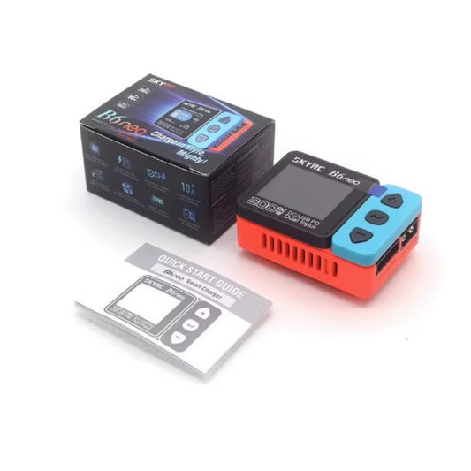 SkyRC B6 Neo Smart Charger displayed next to its retail box and quick start guide.