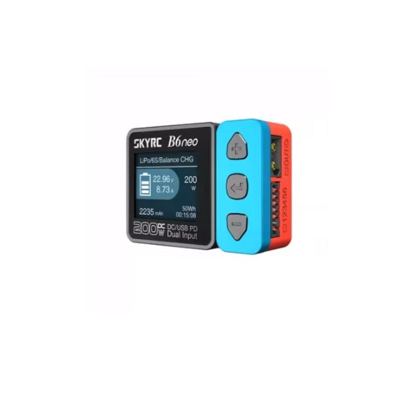 A clear product shot of the SkyRC B6 Neo smart LiPo battery charger, showing its color screen and blue control buttons.