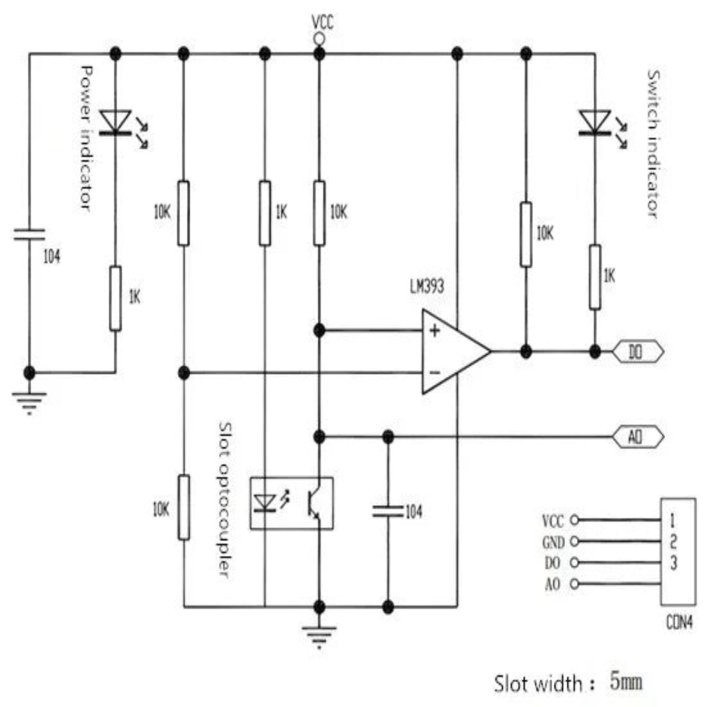 Circuit diagram for Optocoupler speed sensor module with LM393 and slot optocoupler, illustrating connections and components.
