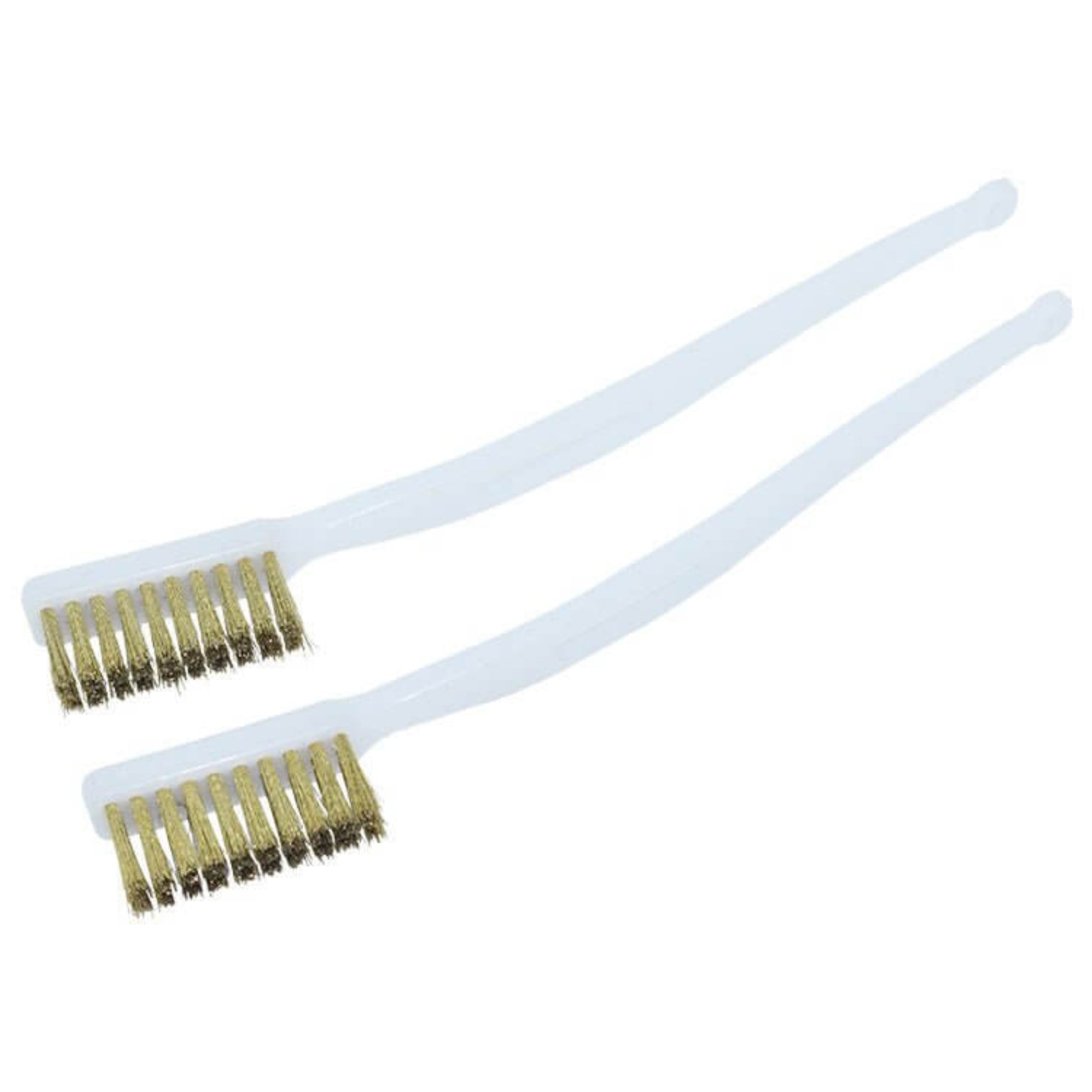 Two stainless steel wire brushes with long white handles, shown from a perspective view.