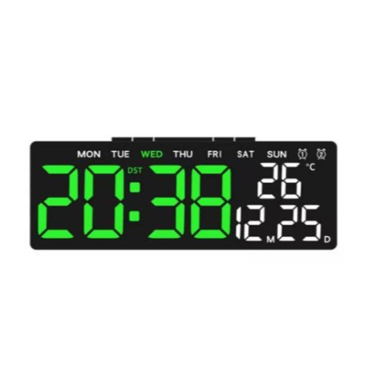 Digital LED alarm clock with large green numbers displaying time, date, and temperature information.