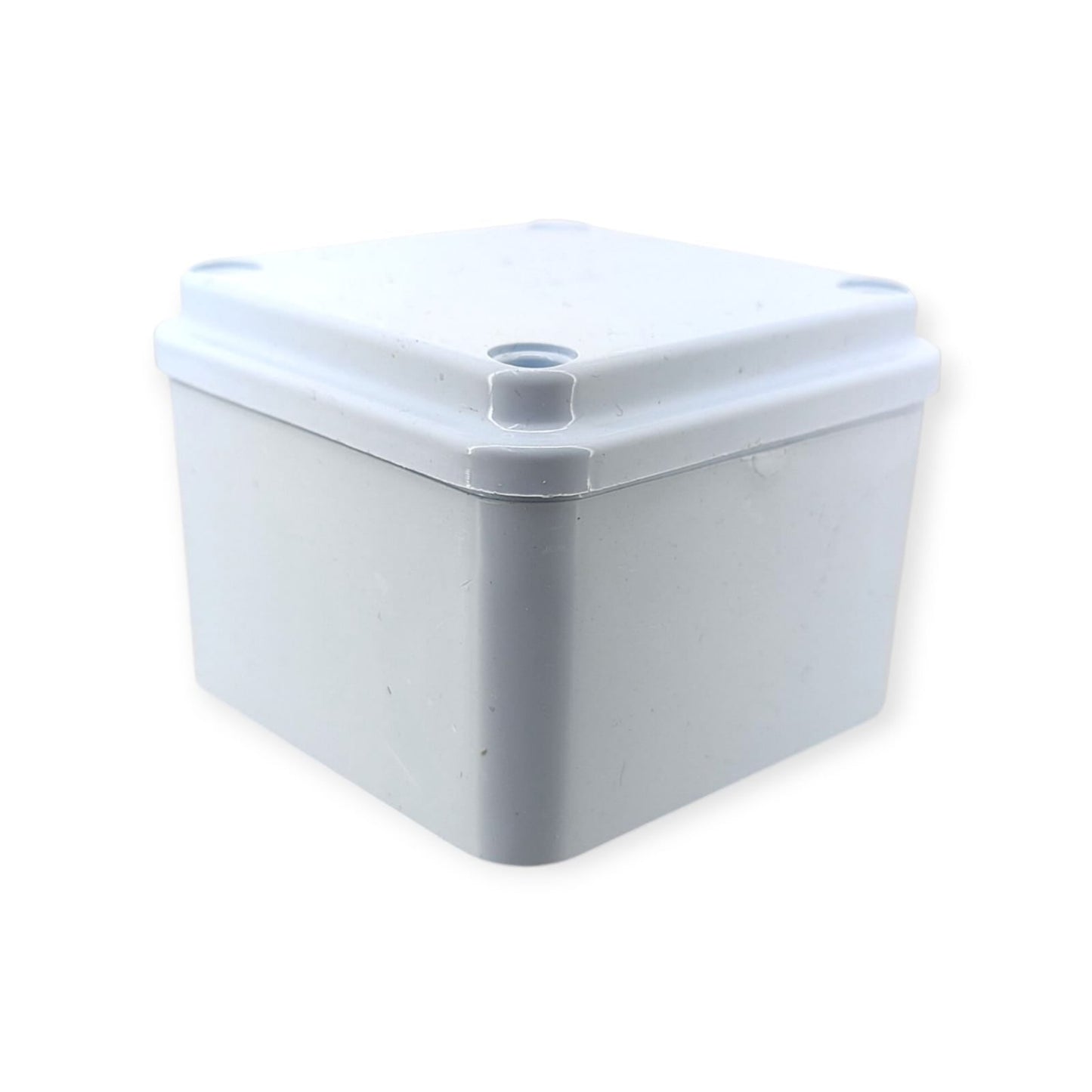 A small 3x3 inch waterproof electrical junction box shown from an angle.