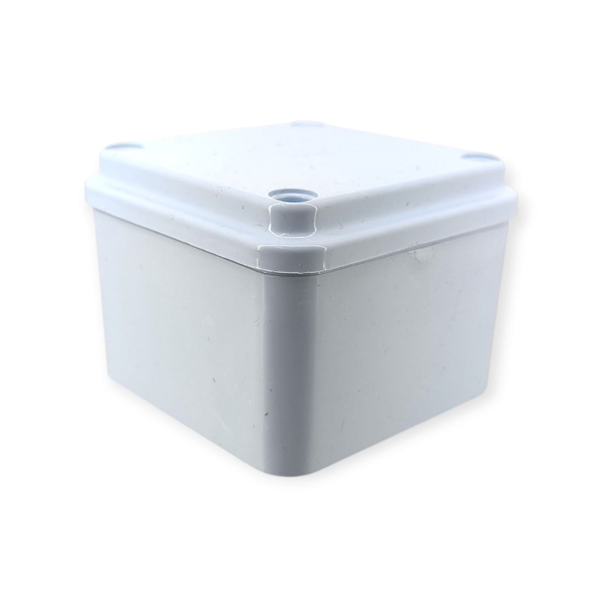 A small 3x3 inch waterproof electrical junction box shown from an angle.
