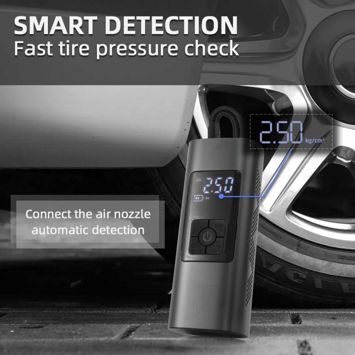 Smart digital tire pressure check with automatic detection when connecting the air nozzle. Accurate measurement.