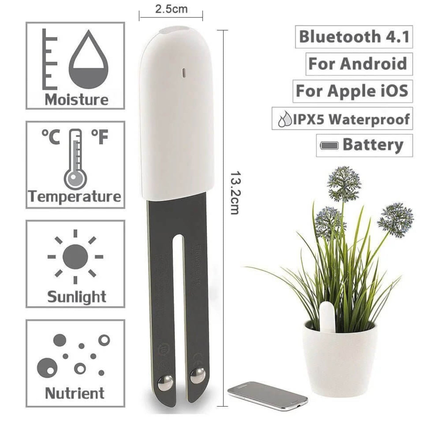 Smart plant monitor displaying key features: moisture, temperature, sunlight, and nutrient detection. Also shows Bluetooth 4.1, iOS/Android compatibility, IPX5 waterproof, and battery icon. Dimensions 2.5cm x 13.2cm.