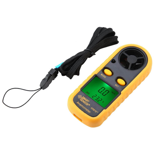 Smart Sensor AR816+ Handheld Digital Anemometer & Temp Meter with display and strap for accurate measurements.