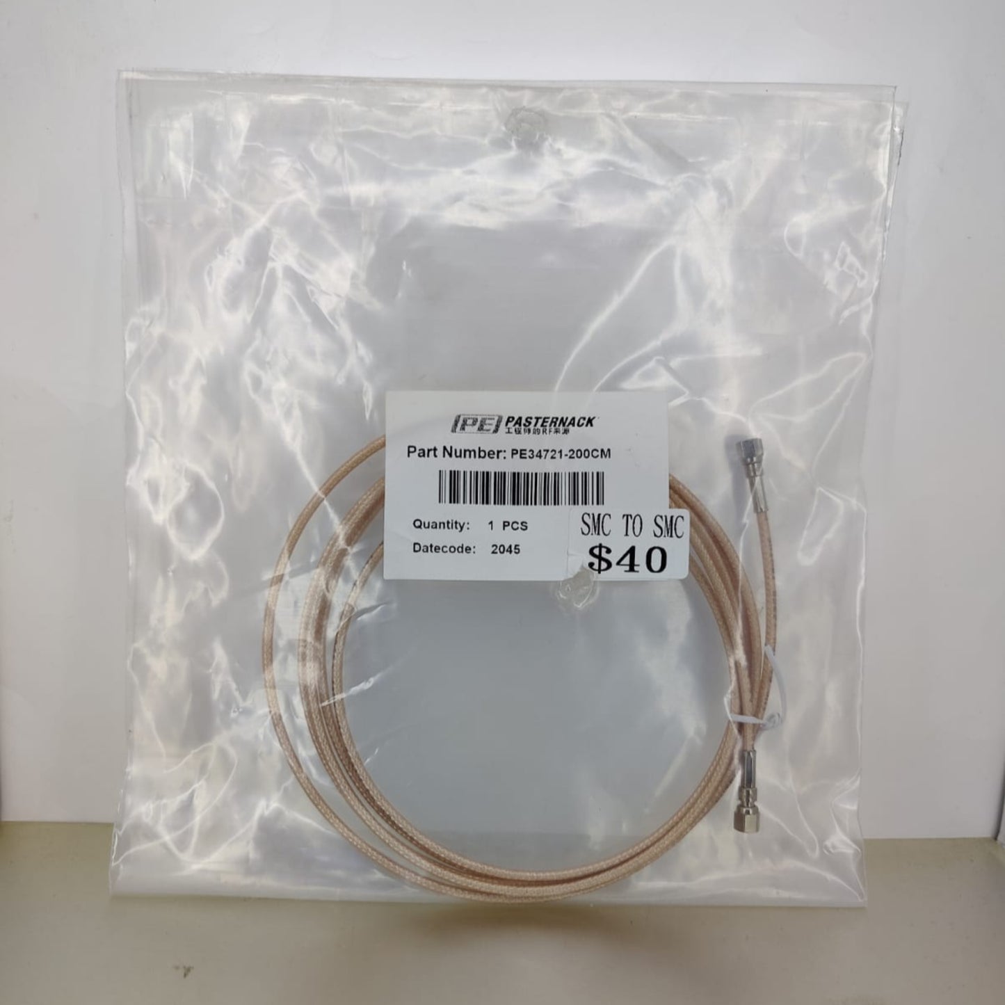 SMC to SMC cable 200cm RG316-DS coax, packaged with part number PE2971-200CM, priced at $40.