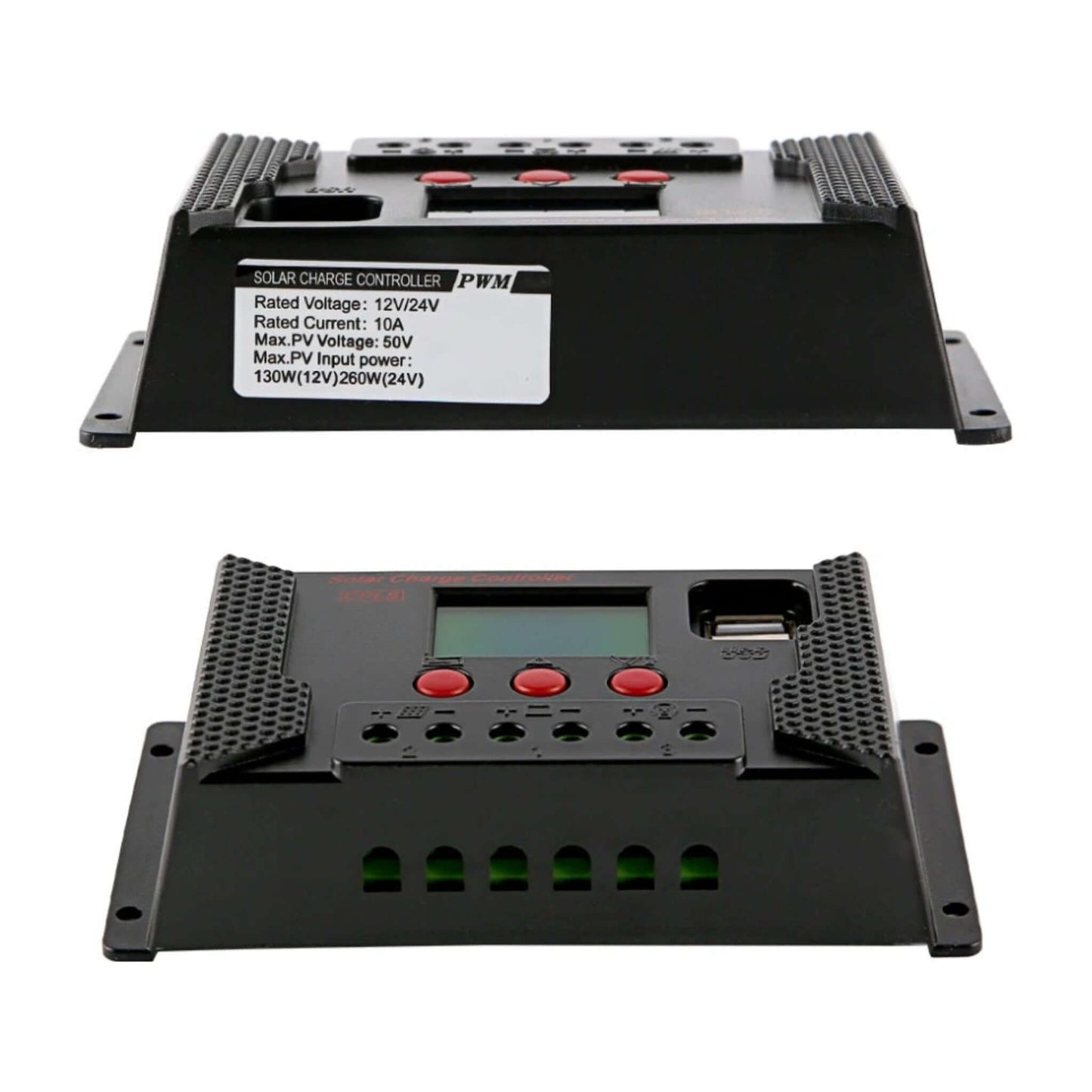 Front and top views of a 12V/24V PWM solar charge controller with USB ports and specifications.