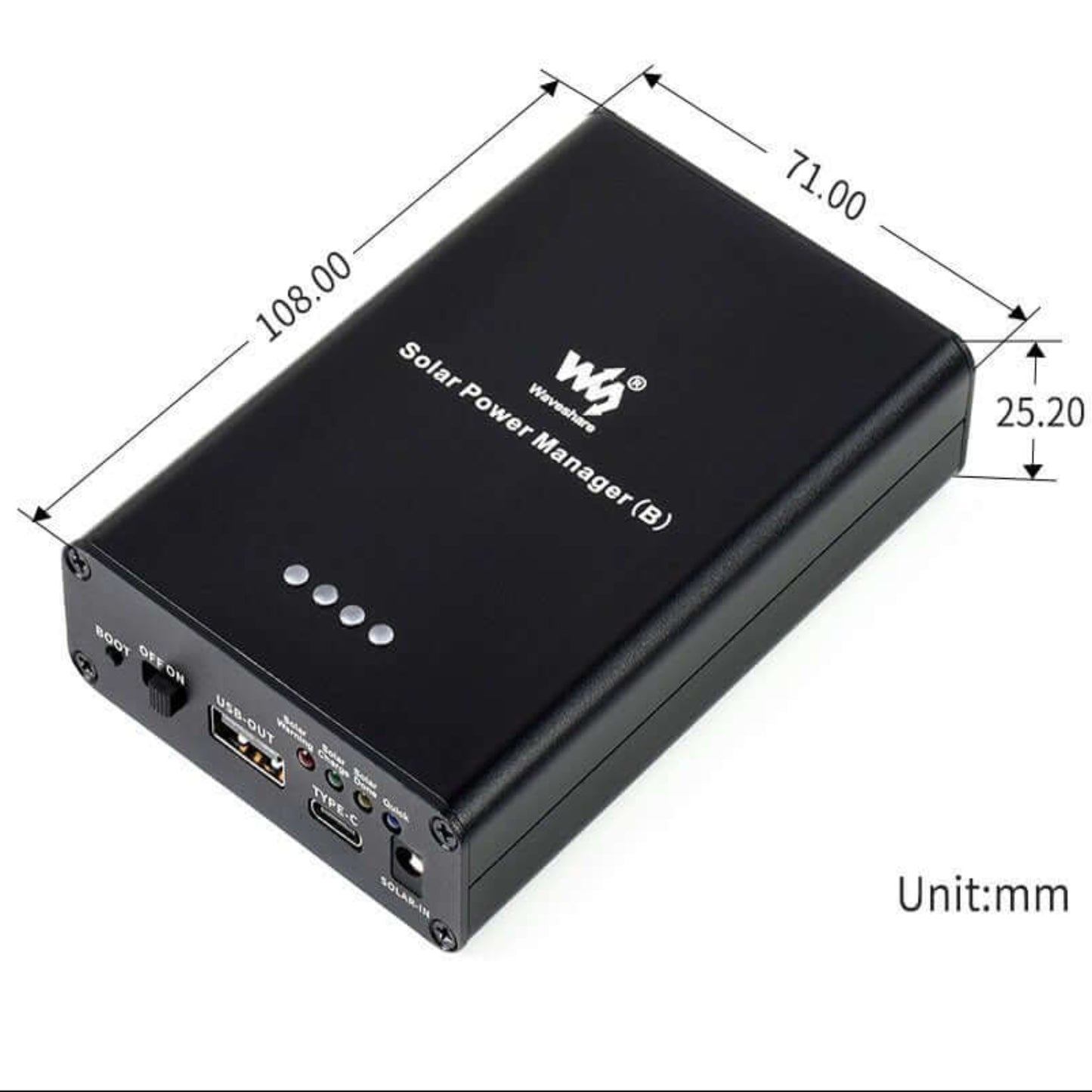 Technical dimensions (in mm) of the Solar Power Manager (B) 6-24V power supply.