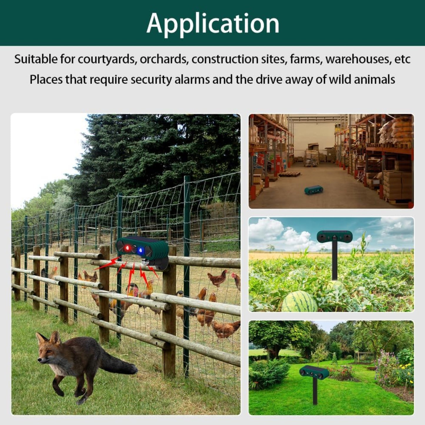 Versatile applications of the solar-powered alarm in courtyards, farms, and gardens to protect against wild animals.