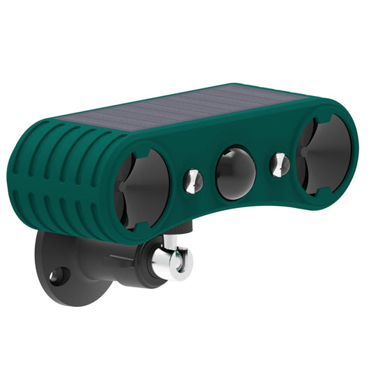 Solar-powered motion sensor alarm with 129dB siren, ultrasonic, and red/blue flashing lights to repel pests and animals.