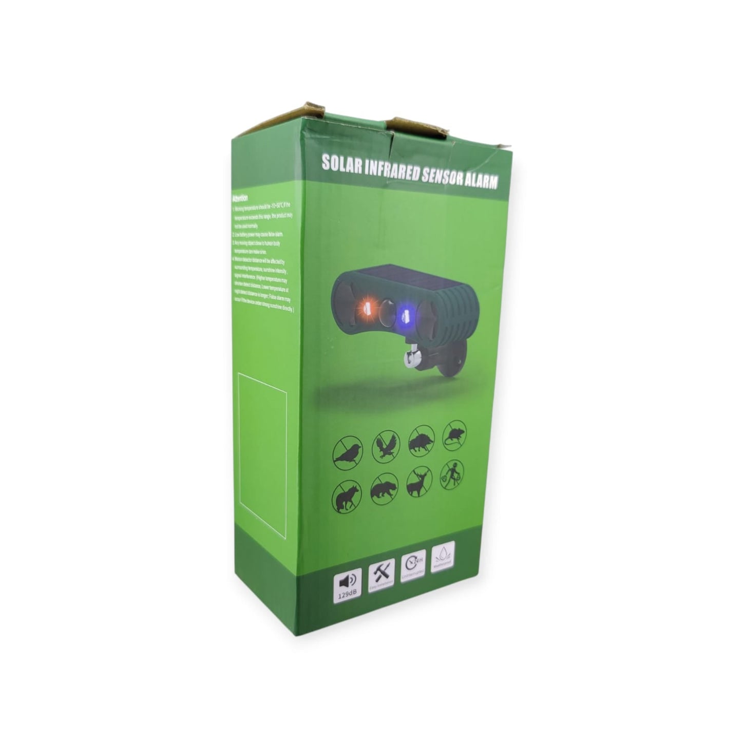 The retail box for the solar-powered motion sensor alarm, highlighting its key features like 129dB and animal repellency.