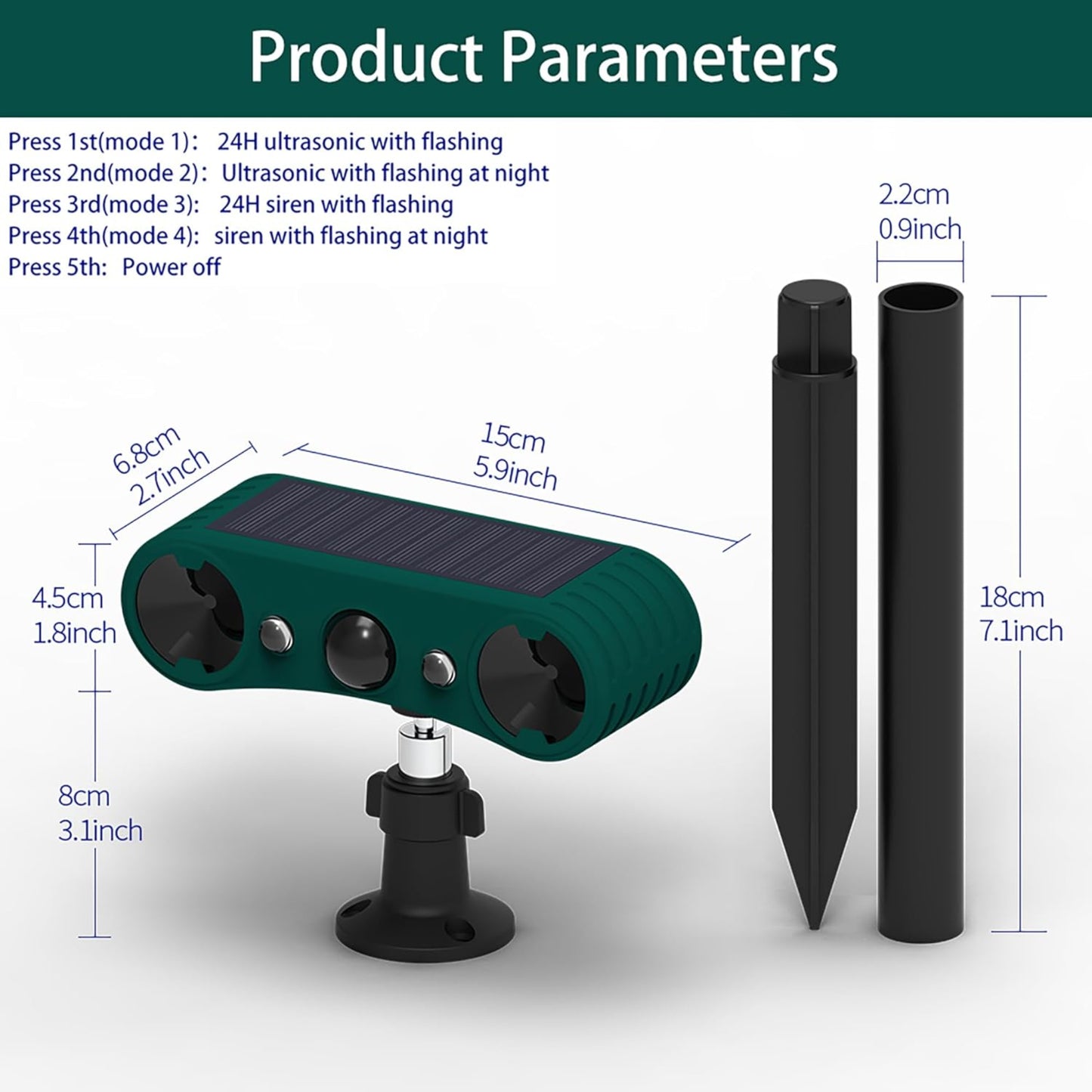 Dimensions of the solar-powered motion sensor alarm, including the main unit and ground stake for outdoor installation.