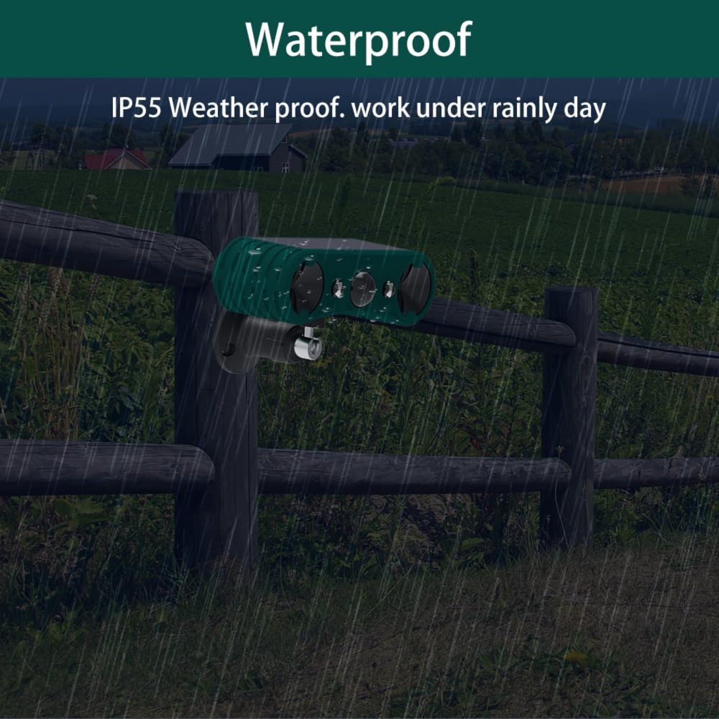 IP65-rated waterproof solar alarm shown working effectively in the rain, ideal for all-weather outdoor use.