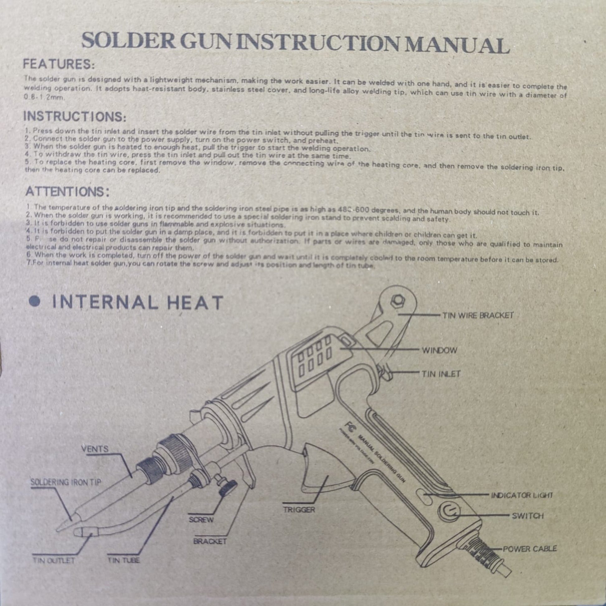 Instruction manual for the 60W solder gun, detailing the product features, usage, and safety precautions.