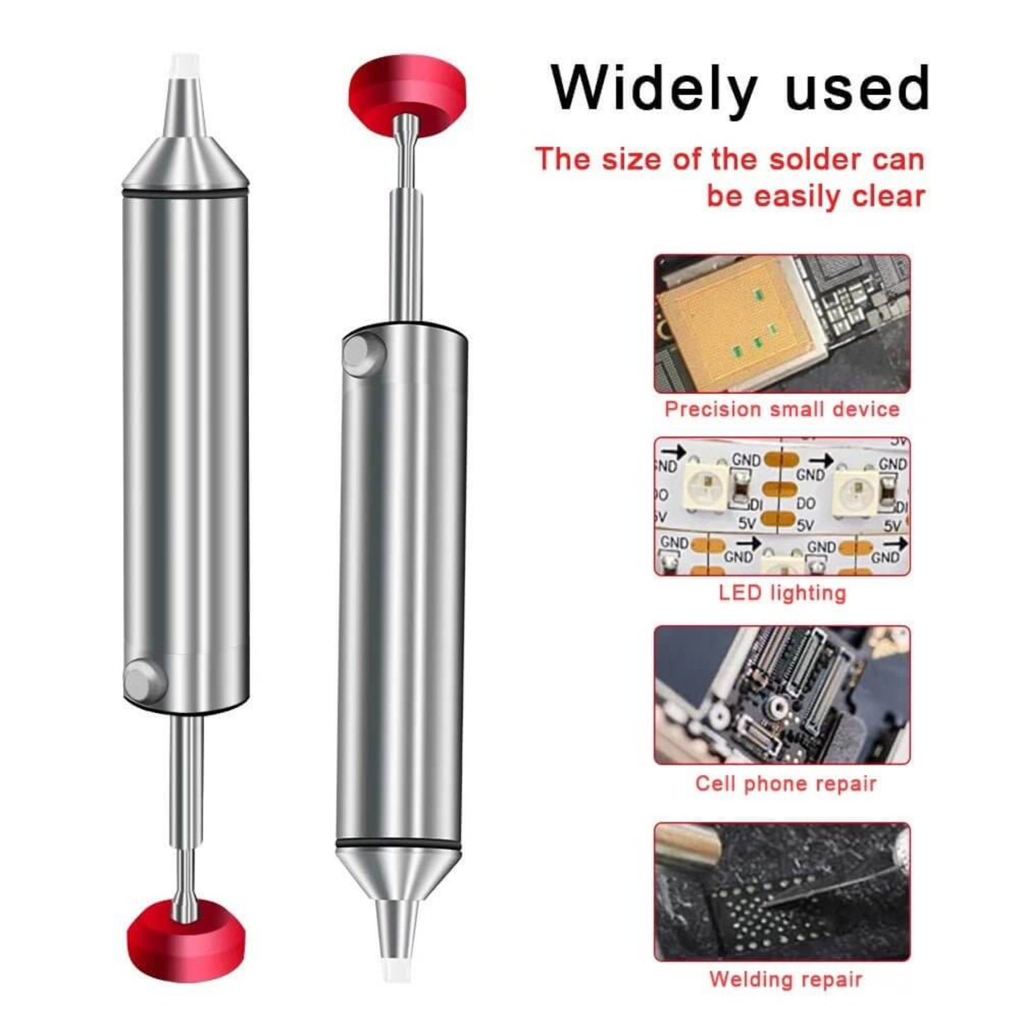 Various applications of the solder sucker, including precision devices, LED lighting, cell phone repair, and general desoldering work.