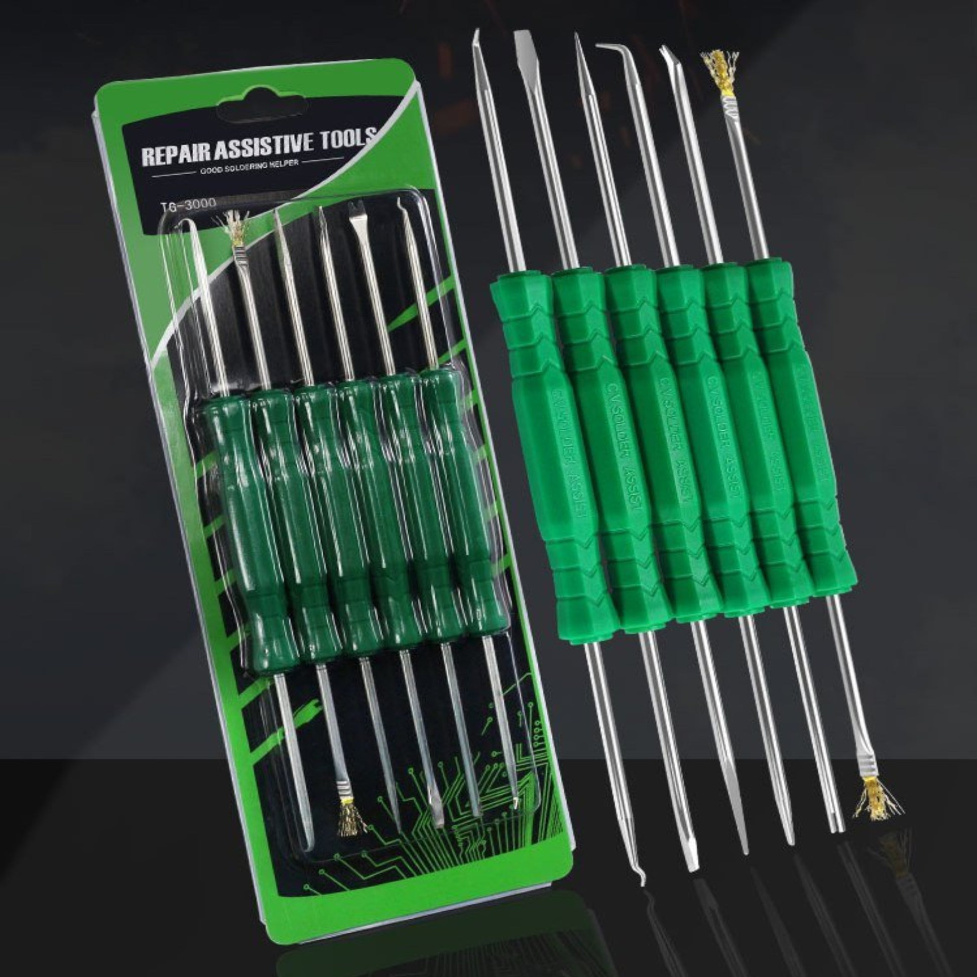 Soldering Welding Assist Tools 6pcs PCB Repair Kit with precision hand tools for electronic components and BGA repairs.