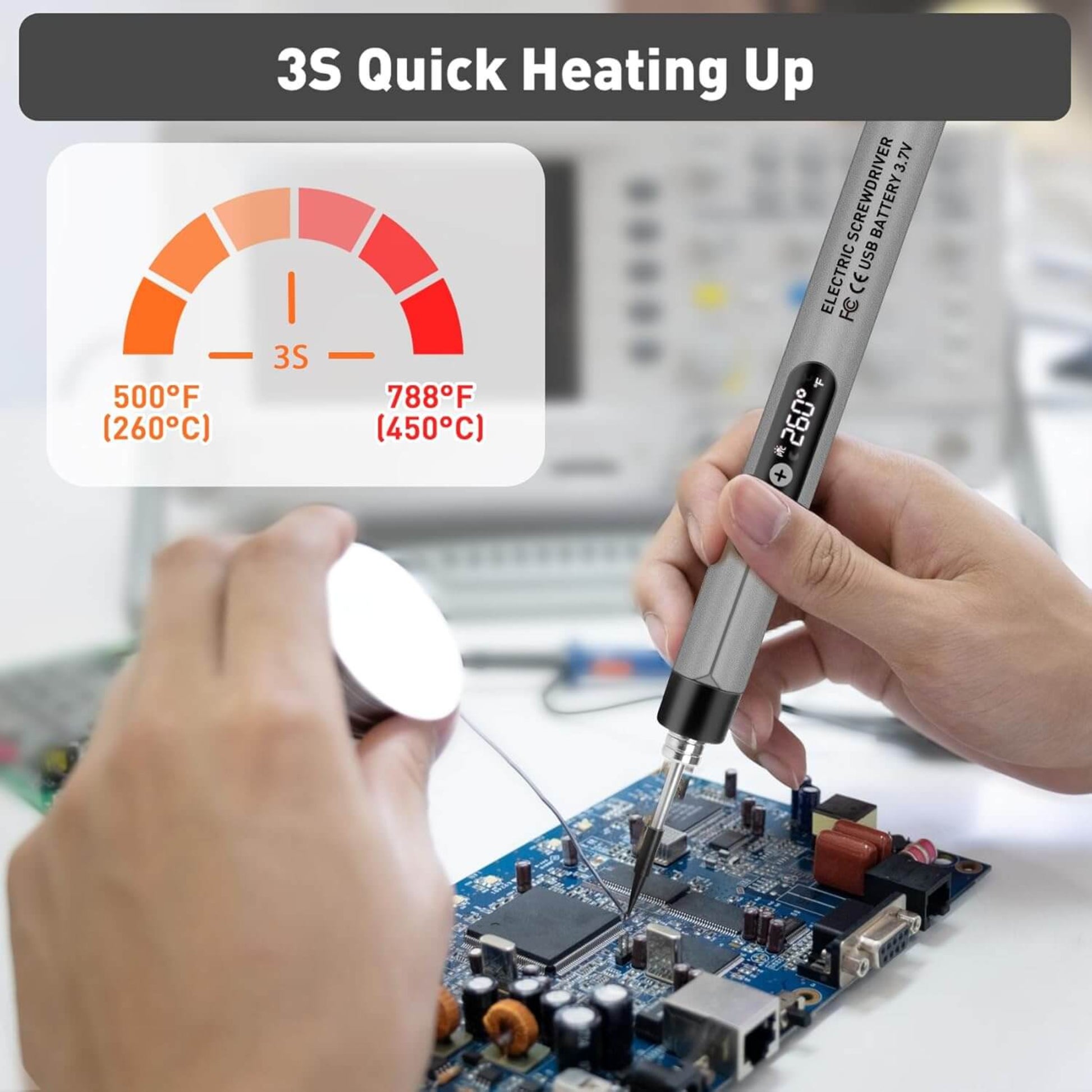 Hands using a wireless USB soldering iron on a circuit board with a quick heating indicator.