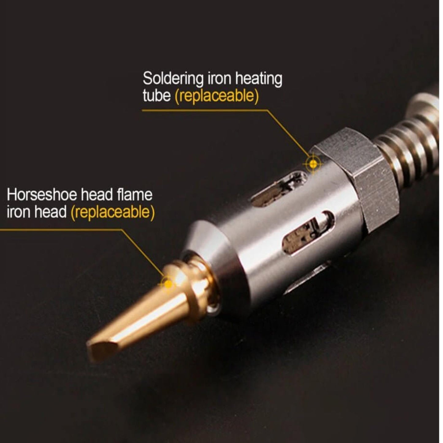 Close-up of replaceable soldering iron heating tube and horseshoe flame head of a versatile soldering kit.