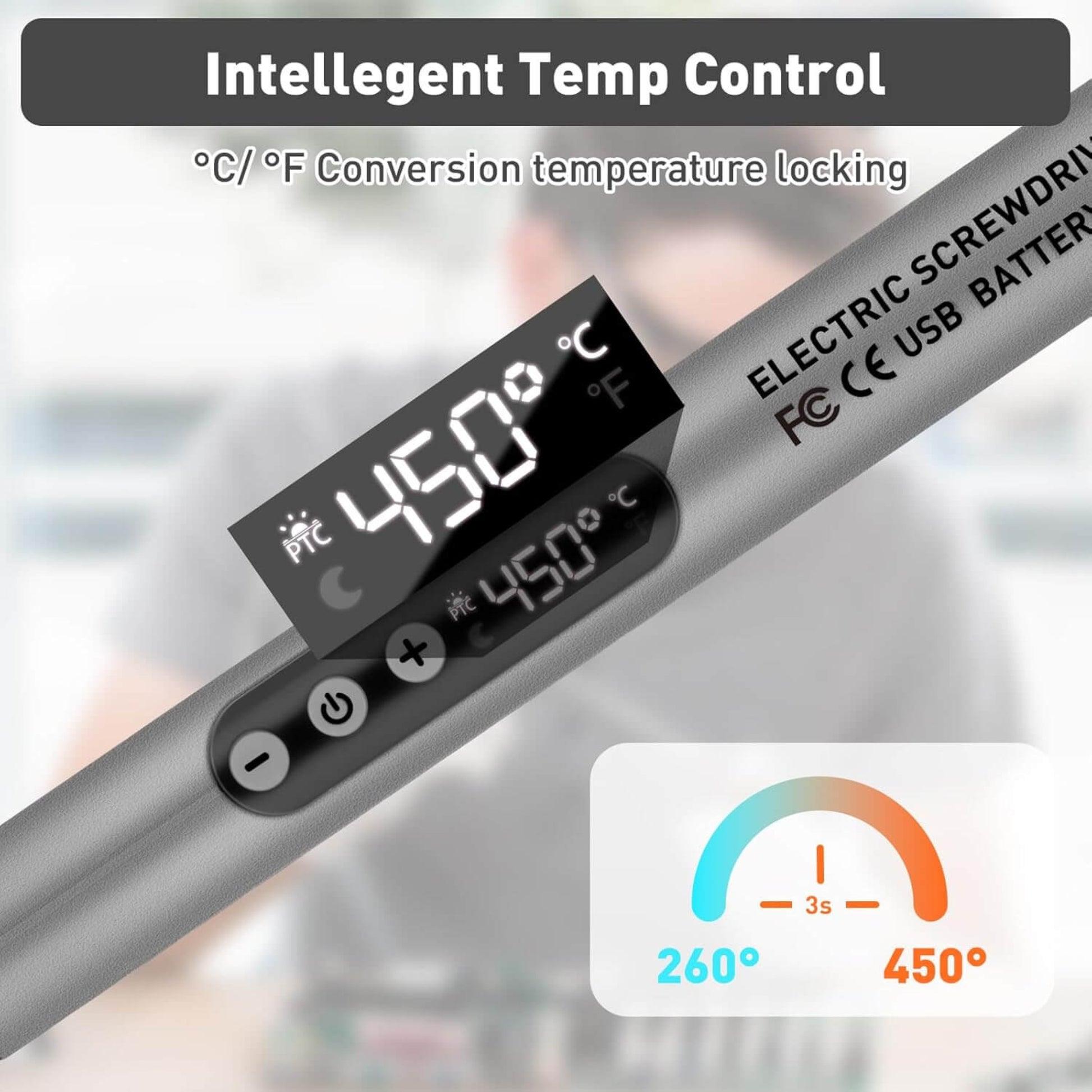 Digital display of the wireless soldering iron showing intelligent temperature control and settings.