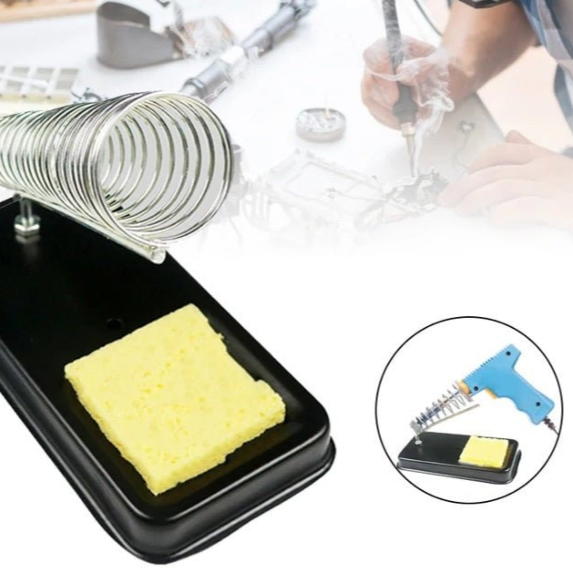 Soldering iron holder with metal base, cleaning sponge, and spiral stand for stable soldering station use.