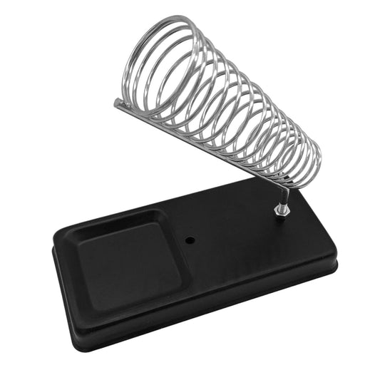 Metal soldering iron holder with sponge cleaning tray for stability and effective tip maintenance.