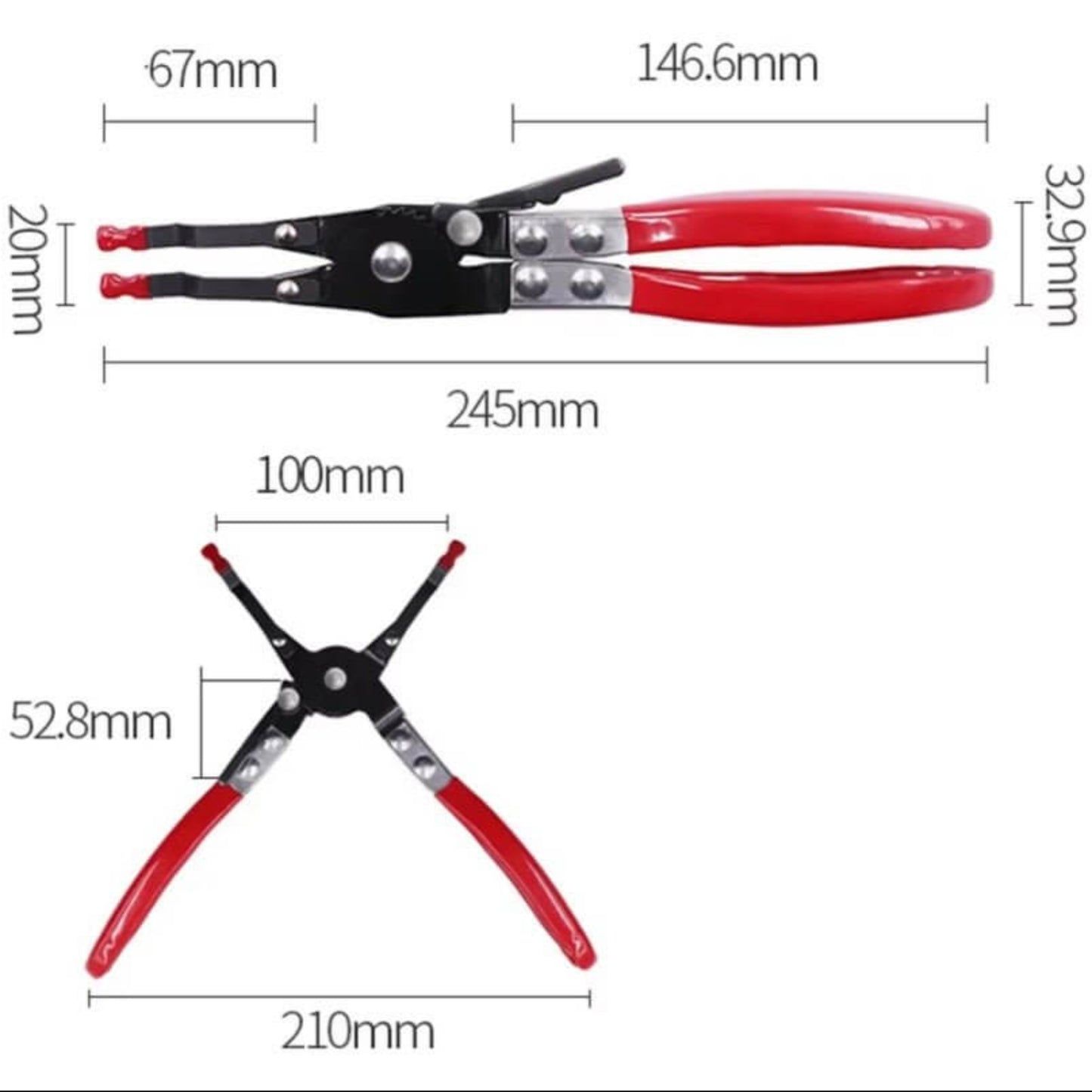 Soldering pliers with red handles, universal welding clamp for auto maintenance, dimensions shown for precision use.