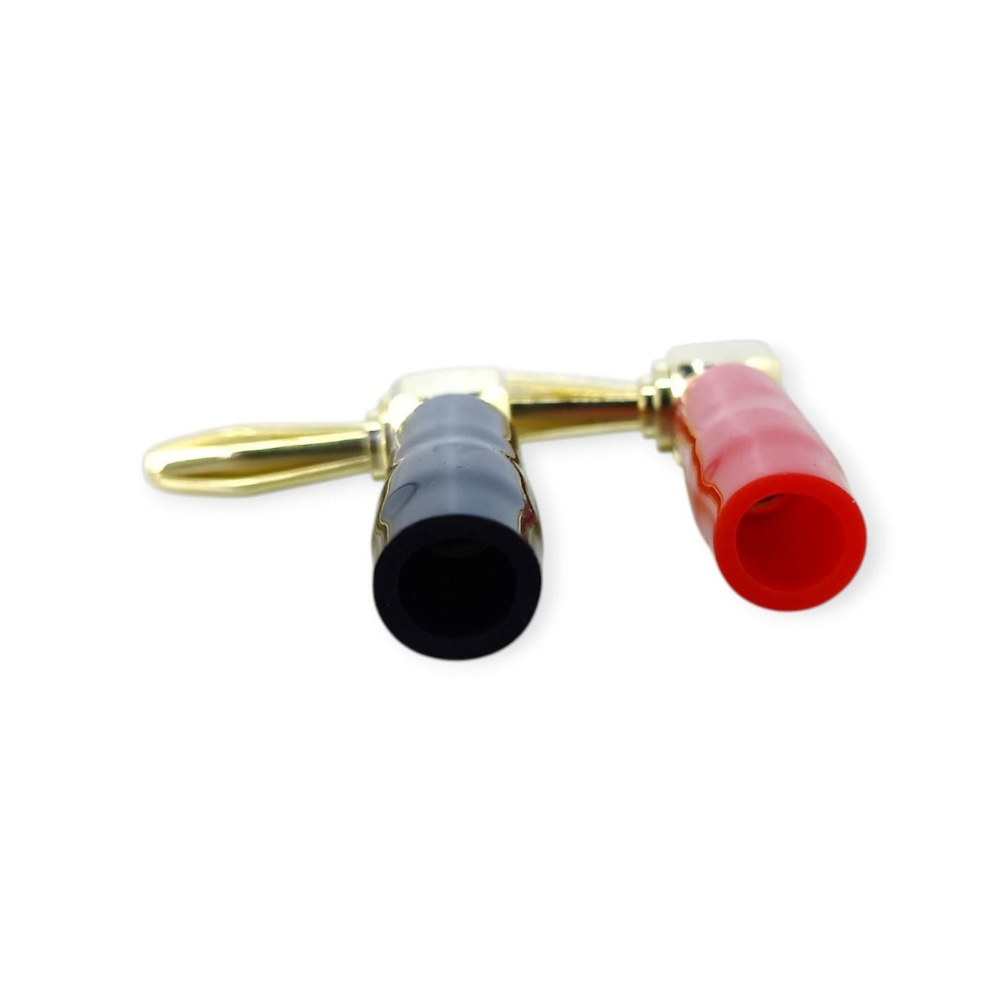 A pair of red and black right-angle banana plugs shown side-by-side, connectors pointing inward.