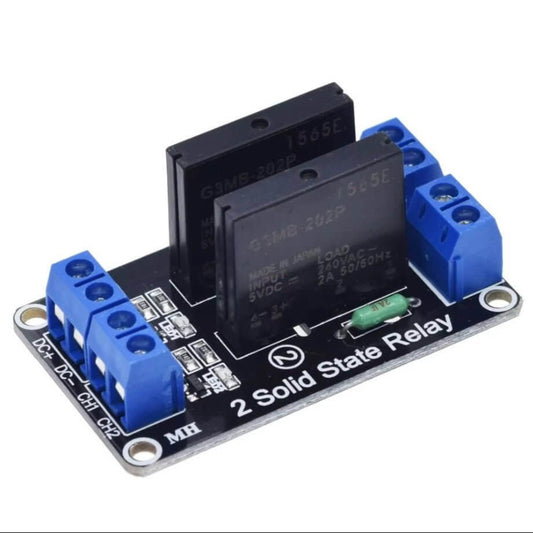 Multi-Voltage 2-Channel Solid State Relay Module with terminals for Arduino and microcontrollers.