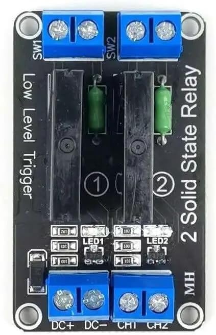 Multi-Voltage 2-Channel Solid State Relay Module with low level trigger, compatible with Arduino and Raspberry Pi.