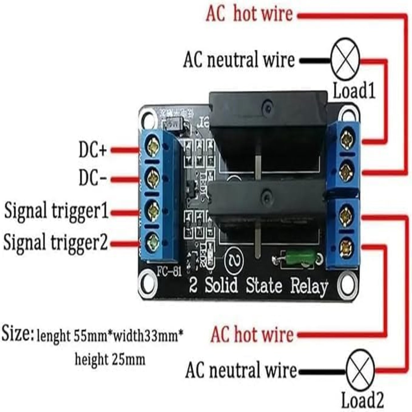 Multi-Voltage 2-Channel Solid State Relay Module with connections for AC and DC control, ideal for Arduino and microcontrollers.