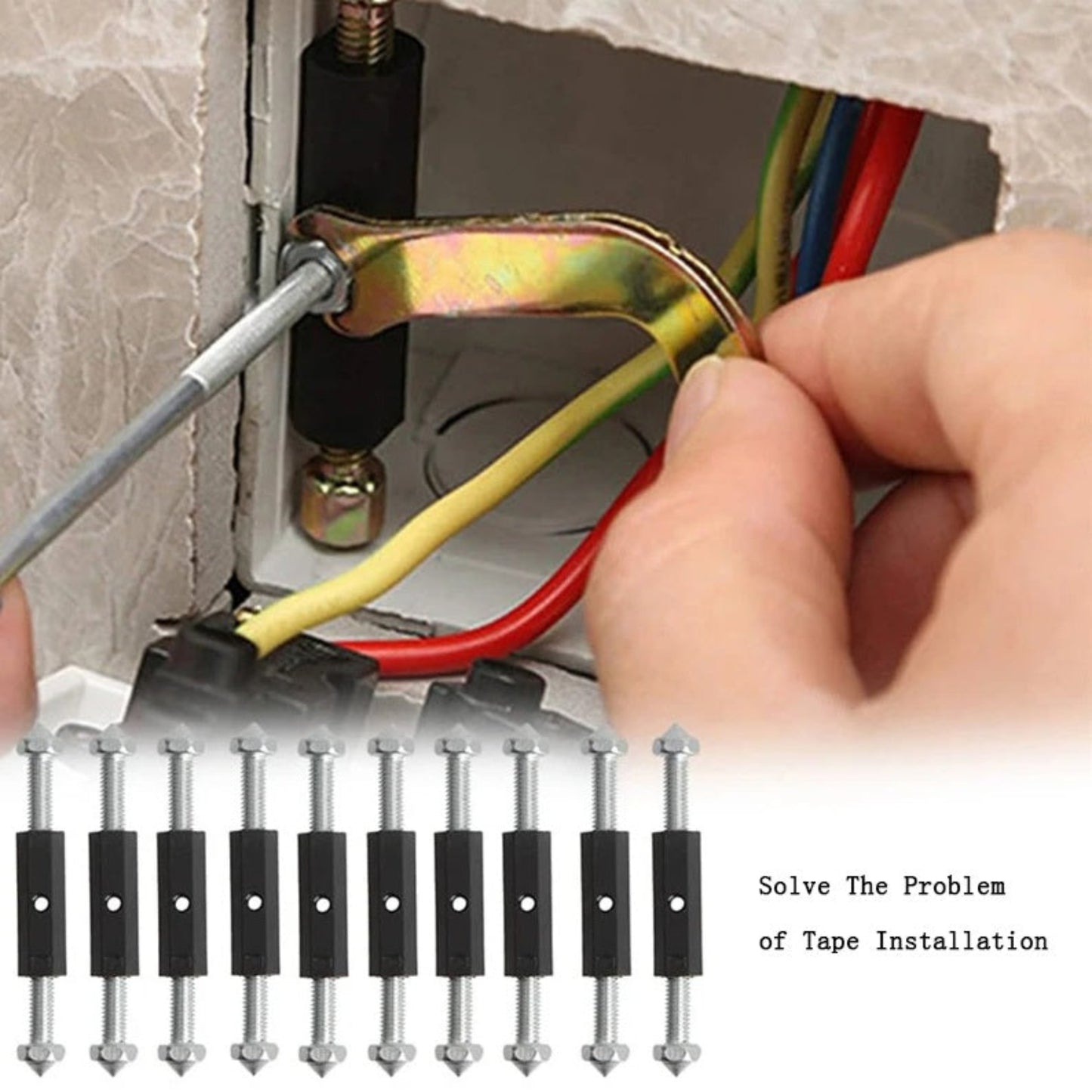 Hand installing a switch box repair tool to fix a loose electrical socket, cables visible.