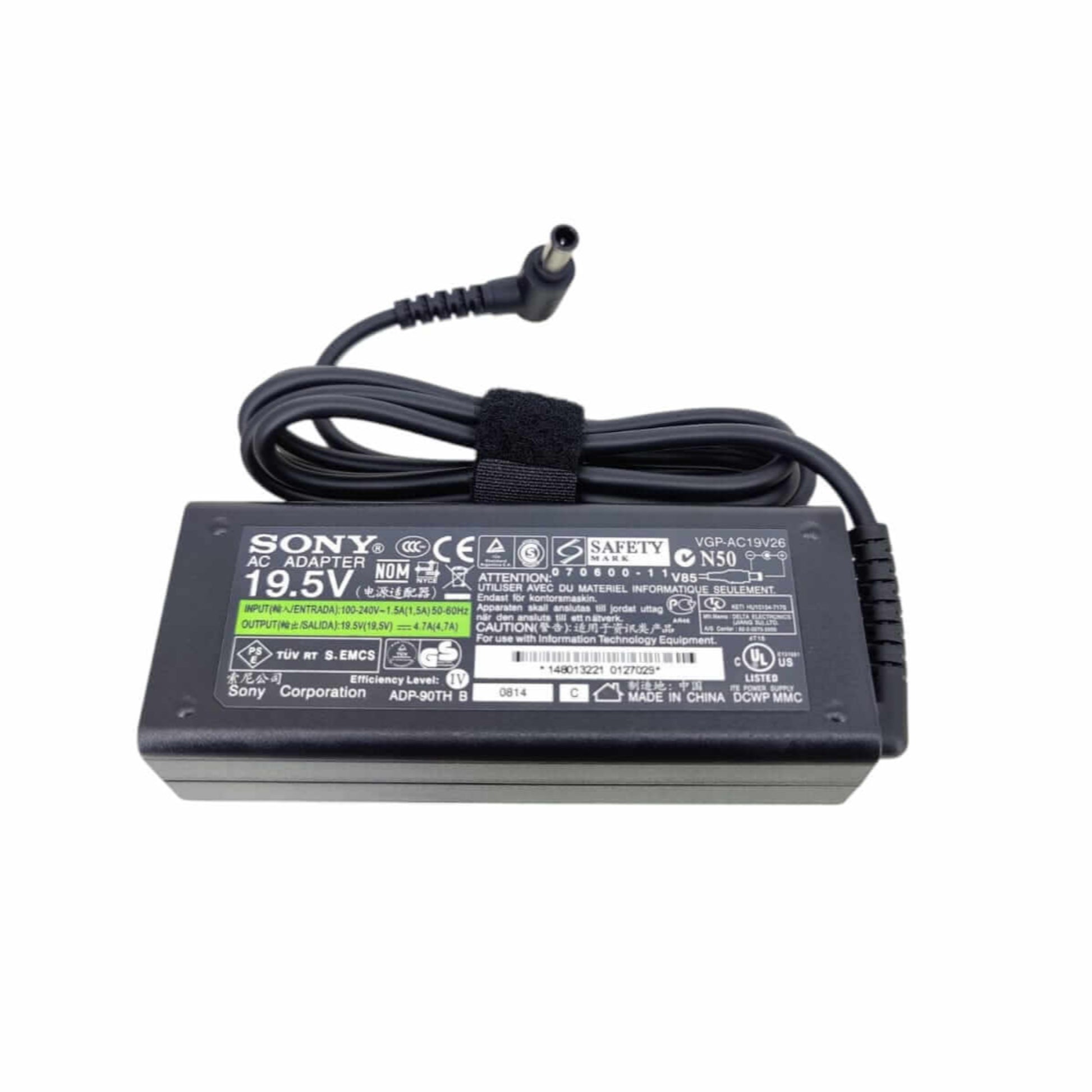 Sony 19.5V 4.7A 90W AC adapter showing model VGP-AC19V26 and electrical specs.